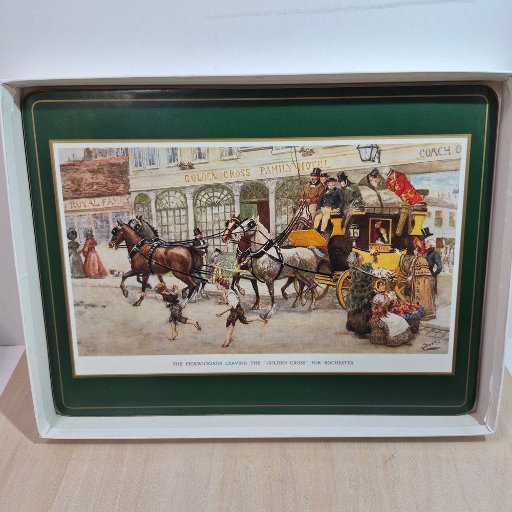 Pimpernel Charles Dickens Placemats Set of 6 Cork Back Green Gold English Scenes